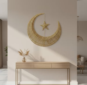 Gold Crescent Moon and Star Decorative Hanging Ornament