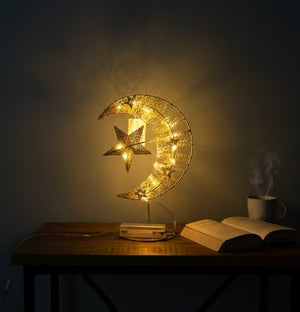 Gold Crescent Moon & Star LED Table Décor Light