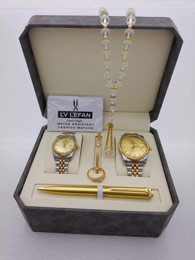 Men's Stainless Steel Set: Watch, Rosary, Pen & Cufflinks.