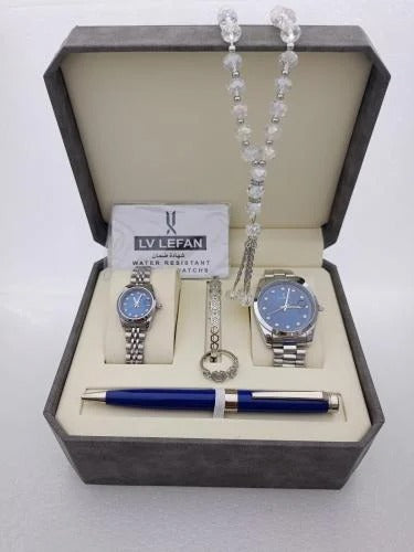 Men's Stainless Steel Set: Watch, Rosary, Pen & Cufflinks.
